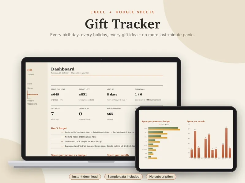 Gift Tracker spreadsheet template