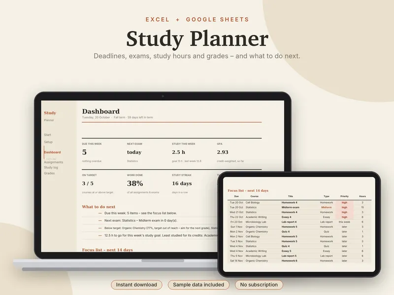Study Planner spreadsheet template