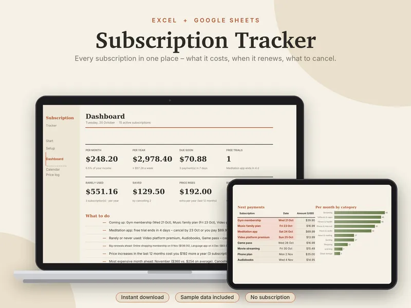 Subscription Tracker spreadsheet template
